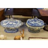 2 Spode blue & white tureens one with repair