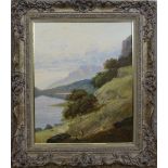 ARR Andrew Grant Kurtis (20th Century) - Oil painting - Mountainous lake scene, with child artist to