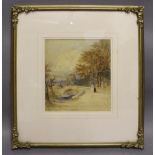 Late 18th Century School - Watercolour - Bridge scene with figures, 28cm x 23cm, in gilt frame and