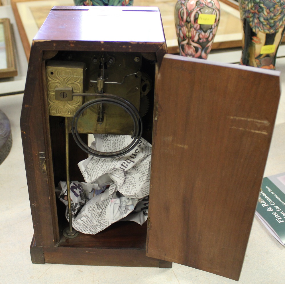 An early 20th Century walnut and brass mantel clock of Arts & Crafts architectural design, with - Image 5 of 6