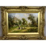 19th Century English School - Oil painting - Country lane scene, with mother and children,