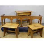 A suite of light oak Ecclesiastical furniture of Victorian Gothic design, comprising table, 84cm x