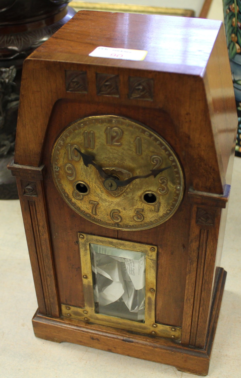 An early 20th Century walnut and brass mantel clock of Arts & Crafts architectural design, with - Image 2 of 6