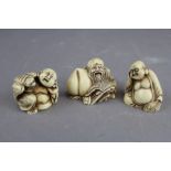 3 small white carved bone Japanese figures
