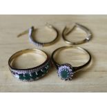 Two 9ct gold diamond and emerald rings , size V & U/V, together with a pair of 9k gold and diamond