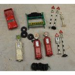 A Lesney Jeep Gladiator, 3 crescent toy petrol pumps, 4 metal road signs, plastic road sign,