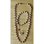 A freshwater pearl, amber & 925 silver necklace, earring and bracelet suite, 42cm, 18cm & 1.5cm.