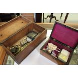 2 wooden boxes including Ivory, inlaid box, jewellery, Scottish brooch, silver brooch, watch etc