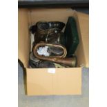 Box of metalware including Welsh Fusiliers bugle