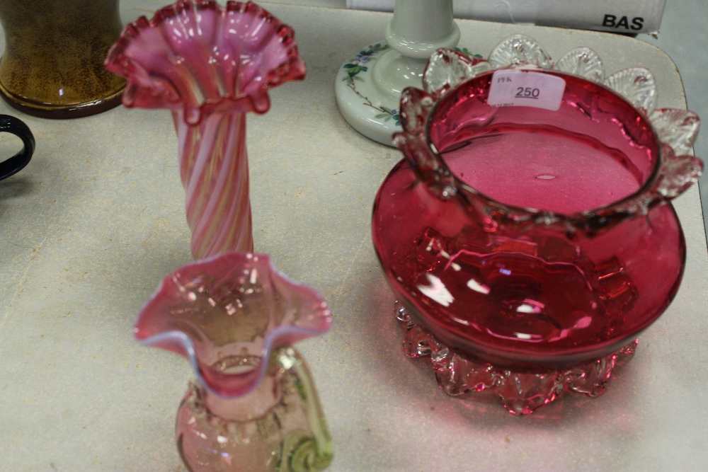 Cranberry glass vase, vaseline jug & vase