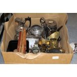 Box of plated wares, brass wares and wooden treen wares