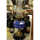 Oil lamp a/f blue glass reservoir