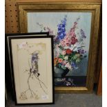 Oil painting - Floral still life & two Japanese style tapestries