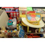 Two boxes of Fisher Price toys, fisher price garage & box of wooden toys