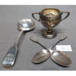 Georgian Silver Sauce Ladle, Two Silver Tea Spoons and a Small Trophy