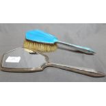 Silver and Blue Enamel Hand Mirror and Hair Brush