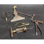 18th Century Steel Nut Cracker and a Hammer Tool, Pair of Early Brass Nut Crackers, Cork Screws,