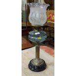 Victorian Oil Lamp with Blue Glass Vessel and Edged Shade on Brass Column