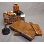 Early 19th Century Lidded Wicker Desk Basket, together with Early Treen Powder Pot, Early Bone