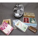 Mother of Pearl Inlaid Oval Box, a Bone Inlay Box, Some interesting Packs of Cards etc