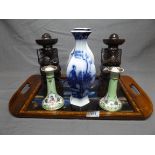 Inlaid Butterfly Wing Tray together with a Pair of Treen Figures, Pair of Staffordshire Flow Blue