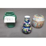 Two Miniature Oriental Vases and One Chinese Lidded Pot