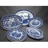 Ten Blue & White Pattern Meat Plates of Various Sizes, mostly Wedgwood