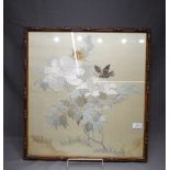 Chinese Silk Embroidery of Flowering Branch with Butterfly in Simulated Bamboo Frame