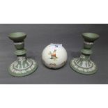 Pair of Green Jasper Ware Candlesticks 5" high and a Round Royal Doulton Bunnykins Money Box