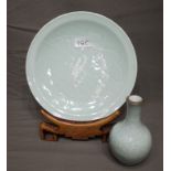 Celadon Ware Plate and Vase of Light Green Colour, plate with Wavy Linen Pattern and Leaf Design,