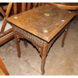 Carved Indian Occasional Table with Mother of Pearl Inlay and Open Fret Work Sides 32" wide