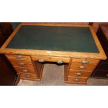 Victorian Pine Kneehole Desk with Nine Drawers with Cast Iron Cap Handles and Simulated Leather