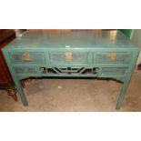 Chinese Side Table with Three Drawers and Carved Frieze Painted and Lacquered Green 51" wide x 23"