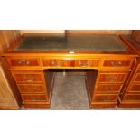 Modern Yew Wood Nine Drawer Kneehole Desk with Green Leather Top