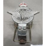 Vintage Chrome Motoring Badge for Civil Service Motoring Association with a Winged Wheel in the
