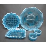 Five Pieces of Davidson's Blue Pearline including a pair of salts, large ribbon shaped plate,