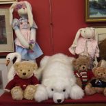 King cuddly soft toy Polar Bear, two Harrods bears, Giorgio bear and other soft toys. Condition