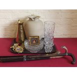 Brass J.S. + S jug, hearth tidys, Hillstonia jug, 3 walking sticks, she horn and misc glassware