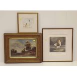 Three framed artworks to include Children on beach, watercolour, gilt framed victorian oil