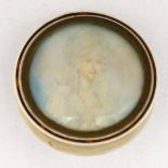 French ivory circular box, the lid set with a painted miniature female portrait (faded), diameter