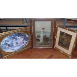 Framed coloured print 'His Ship in Sight', ditto of young girl with apple basket and reproduction