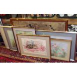 Print of ancient Chinese wall hanging, pastel 'The Dancers Skirt', watercolour 'The Hedgerow' and '