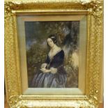 Gilt framed Baxter print of young woman holding loe letter. Condition report: see terms and