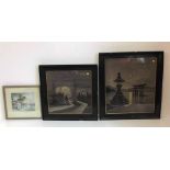 Two large framed early 20th century Japanese painted silk pictures and one other (3). Condition