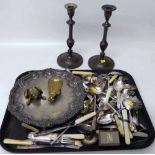 Pair of plated candlesticks, mixed cutlery etc. Condition report: see terms and conditions