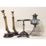 Victorian oil lamp, pair of stags leg candlesticks and a trivet stand. Condition report: see terms