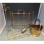 19th century brass fire irons, dogs and three division screen and coal bucket. Condition report: see