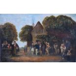 English School, 19th century, Village scene with figures drinking, unsigned, oil on canvas, 57 x