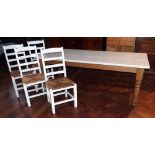 Pine kitchen table with painted white top and four painted chairs Condition report: see terms and