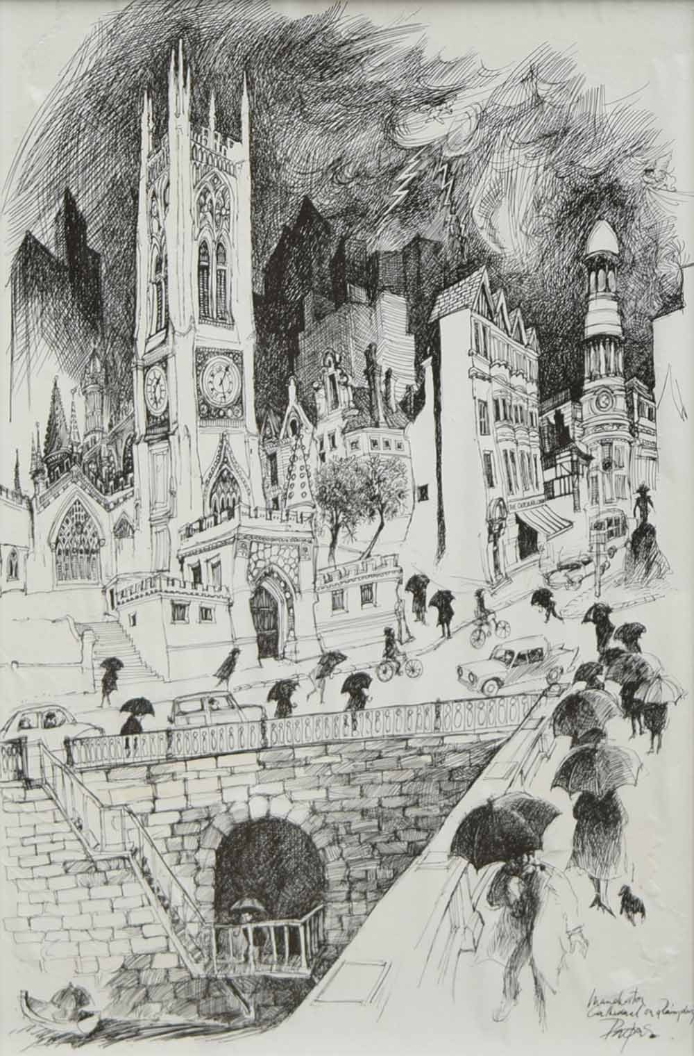 William Papas (1927-2000), "Manchester Cathedral on a Rainy Day", signed and titled, ink, 37.5 x